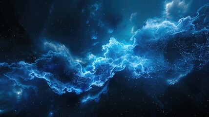 Poster - Abstract blue glowing wireframe waves on a dark background. Digital art for design of global connection with glowing blue dots and line connecting together. Global communication. Innovation. AIG53.