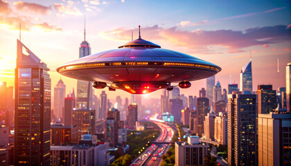 a vibrant and imaginative depiction of a futuristic ufo soaring above a bustling city at sunset, ble