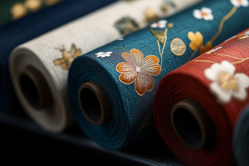 Poster - Elegant Fabric Rolls Displayed with Intricate Floral Designs 