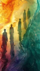 Poster - Exploring colorful abstract art with silhouettes of people walking along the vibrant scenery