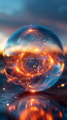 Poster - Exploration of a luminous orb with swirling lights against a scenic sunset backdrop