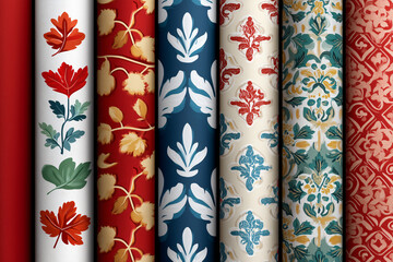 Poster - A collection of various patterned rolls of fabric with different designs displayed in a row, showcasing the diversity of textures and prints. 