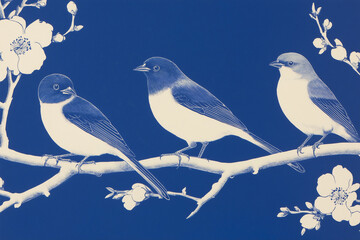 Poster - Three birds resting on a branch with delicate flower blossoms. The image showcases a serene atmosphere