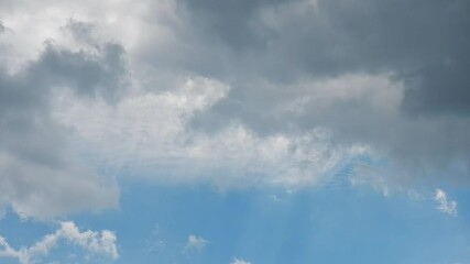 Poster - Natural blue and cloudy sky background with moving different types of white Cirrus and rainy grey clouds at different heights. Topics: weather change, climate, cloudscape, meteorology, airspace