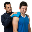 © Natalia - A man in a dark jacket is applying a blue ice pack to the shoulder of another man in a blue tank top who appears to be in discomfort, all on a transparent background