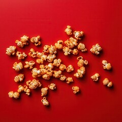 Aufkleber - Scattered popcorn on a vibrant red background, reminiscent of movie nights and snack time, evokes feelings of comfort and enjoyment.