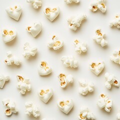 Aufkleber - Heart-shaped and standard popcorn pieces are scattered across a white surface, creating an inviting and playful pattern of snacks.