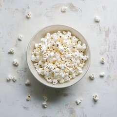 Poster - Bowl of popcorn on a white surface, perfect for snacking or watching a movie. Enjoy a tasty treat with your friends and family.