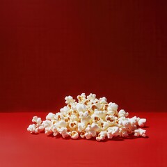 Poster - A mound of fluffy white popcorn rests against a bold red backdrop, casting a playful shadow and inviting a cinematic snack experience.