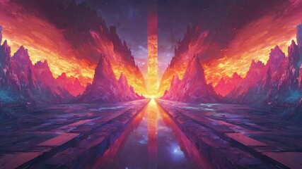 Poster - Futuristic cityscape under a stunning orange and red sky with glowing skyscrapers and lights