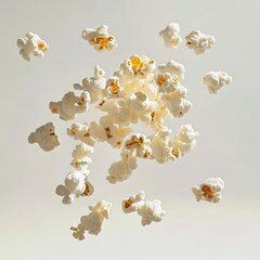 Poster - Floating popcorn on a pale background. A snack food traditionally eaten while watching a movie, or at a sporting event.