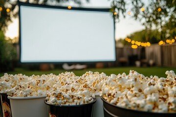 Poster - An outdoor cinema event showcasing buckets of popcorn in the foreground and a white screen and lights behind, backyard setting.