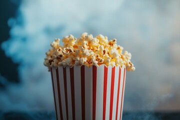 Poster - Popcorn Bucket Delight: A vibrant, striped bucket overflowing with fluffy popcorn, ready for a movie night.