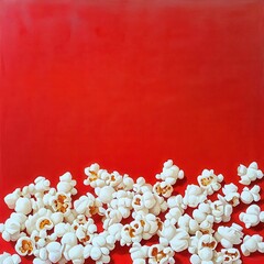 Aufkleber - Popcorn kernels scattered on a vibrant red surface. Crispy, airy snacks perfect for movie night, creating a visually appealing composition.