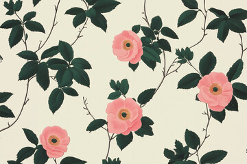 Poster - Elegant pink roses and green leaves create a beautiful repeating pattern, offering a sense of natural beauty. The image is ideal for designs and patterns.