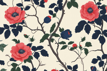 Poster - Red roses are blooming, and dark blue rose buds are sprouting on the vines. A delightful close-up of a floral wallpaper pattern