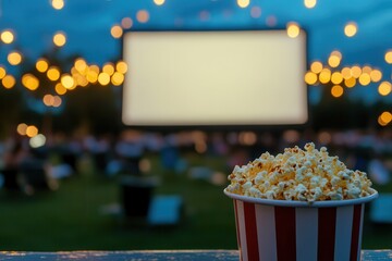 Poster - Popcorn at outdoor movie night. Summer entertainment concept, perfect for evenings under the stars with friends and family. Food, fun, and film!
