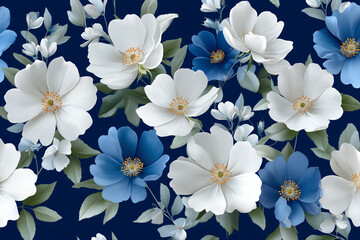 Poster - A floral pattern with white and blue flowers on a navy blue background