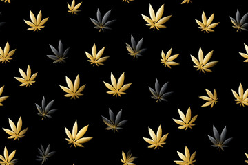 Poster - Gold and black cannabis leaves repeating pattern on a black background. Elegant and stylish design.