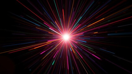 Wall Mural - Abstract colorful light rays burst from bright central point exploding outwards in a dynamic starburst effect on black background.