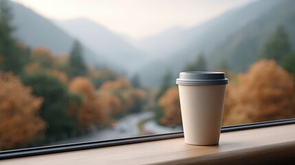 Wall Mural - Warm Coffee Cup with Scenic Mountain View and Autumn Trees