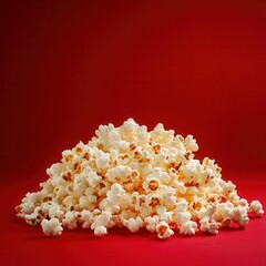 Poster - A pile of popcorn against a vibrant red background, perfect for movie night or a snack craving. Crispy kernels in a classic treat.