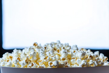 Poster - A bowl of popcorn sits in front of a bright screen, suggesting a relaxing movie night with a classic snack.