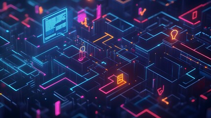 Poster - Abstract digital network system with glowing lines and symbols.