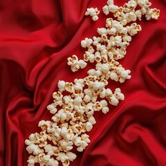 Poster - Popcorn cascade on deep red fabric. A cinematic snack display against a luxurious backdrop.