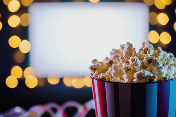 Poster - A full bucket of popcorn sits ready for a movie night. String lights and a bright screen promise a cozy viewing experience at home.