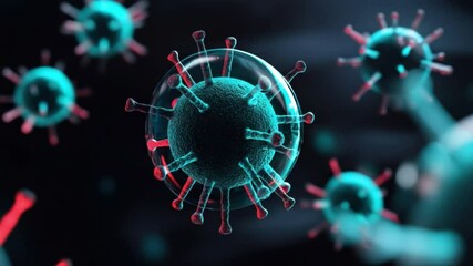 Poster - 3D Illustration of Virus Structure with Molecular Detail in Vibrant Colors Against Dark Background 4k video footage