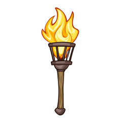 Poster - Cartoon Fire Torch with Wooden Handle, Isolated on White Background