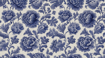 Poster - Blue floral pattern on off-white background, detailed peony blossoms and intricate leaves, creating an elegant and classic design, suitable for textile or home decor