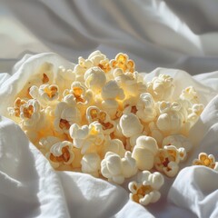 Poster - Popcorn Delight: Fresh, fluffy kernels cascade over soft, white fabric, inviting a cozy snacking experience.