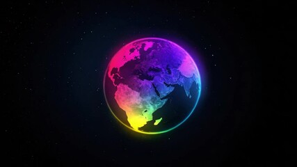 Poster - Vibrant neon globe representation with colorful light effects against a starry dark background 4k video footage