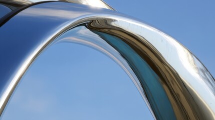 Poster - Modern metallic sculpture glistens under sunlight in urban landscape with clear blue sky as backdrop