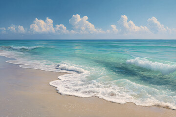 Poster - Soft waves gently lapping a sandy beach under a bright sky with fluffy clouds, conveying serenity and summer vacation vibes