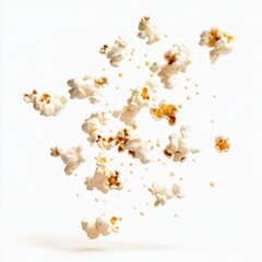 Poster - Floating kernels of fluffy, airy popcorn and tiny yellow buttery or oily droplets are against a bright, clean white studio backdrop.