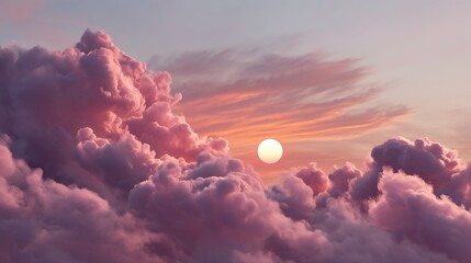 Poster - The sky glows with a beautiful pink sun casting warm hues across soft clouds. This tranquil scene captures the serene beauty of dawn, inviting moments of reflection and peace