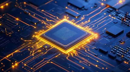 Poster - Intricate computer circuit board with illuminated processor.