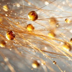 Poster - Golden spheres and strands suspended in liquid create an abstract composition of light and texture in a detailed close-up view