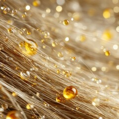 Poster - Close-up of golden hair strands glistening with droplets under soft light showcasing beauty and texture