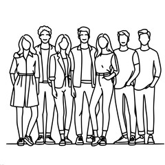 Poster - Group of friends, young guys and girls standing together hugging in minimalist outline style, vector one line outline