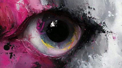 Poster - Striking close-up of a pink eye surrounded by artistic black and white paint splatters on canvas