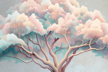 Poster - Stylized illustration of a large tree with pastel pink and teal foliage, thick branches, and a textured background, conveying serenity and peacefulness