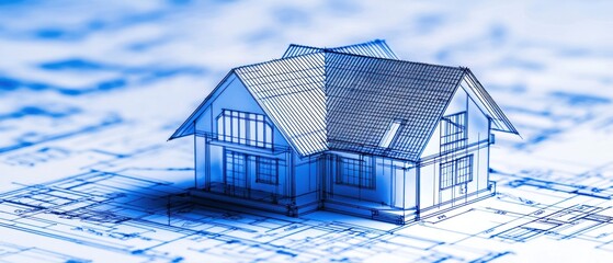 Blueprint house model on architectural drawings