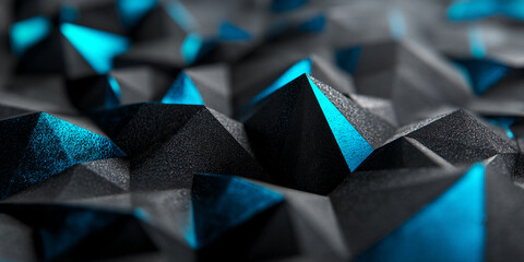 Poster - Close-up of textured black pyramids with cyan accents, creating a sharp, geometric pattern.  Represents abstract technology, modern design, or digital art