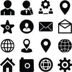 Poster - A vector set of black business icons for web design includes symbols for internet, sign, phone, mail, computer, email, communication, contact, website, media, search, and mobile