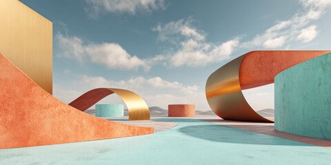 Poster - Colorful abstract structures in outdoor landscape with dynamic shapes under clear blue sky