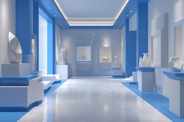 Poster - Contemporary art gallery featuring white sculptures in a blue and white interior